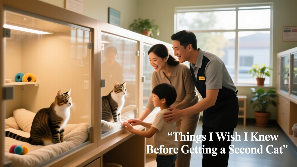 A cozy adoption center setting with staff helping a family meet two friendly cats in separate, safe enclosures