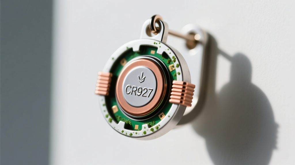 Macro shot of an LED earring battery compartment showing a CR927 coin cell and copper contact pins with slight green corrosion