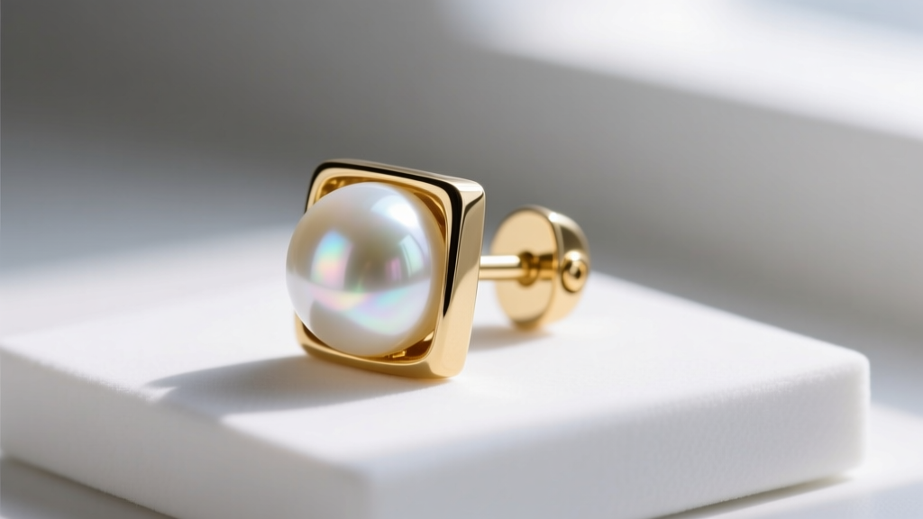 Side view of a heavy square pearl earring with an 18-gauge gold post and a secure friction back resting on a white display pad.