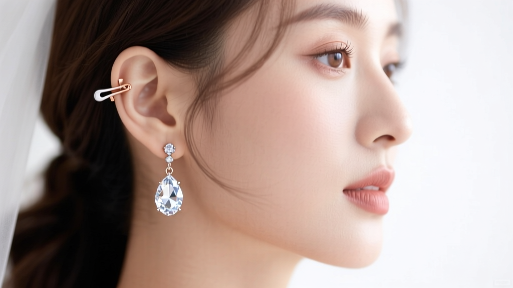 Close-up bridal portrait showing a crystal drop earrings clip style secured elegantly and comfortably on a smooth, unpierced earlobe