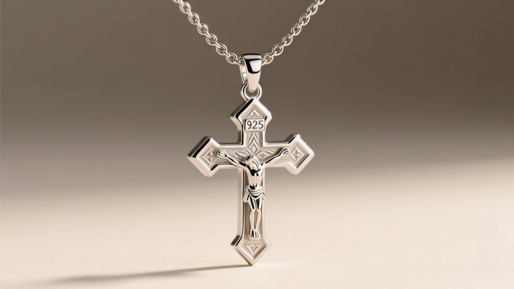 Close-up of a 925 sterling silver crucifix pendant on a 2mm rhodium-plated box chain, highlighting the intricate bail and clasp