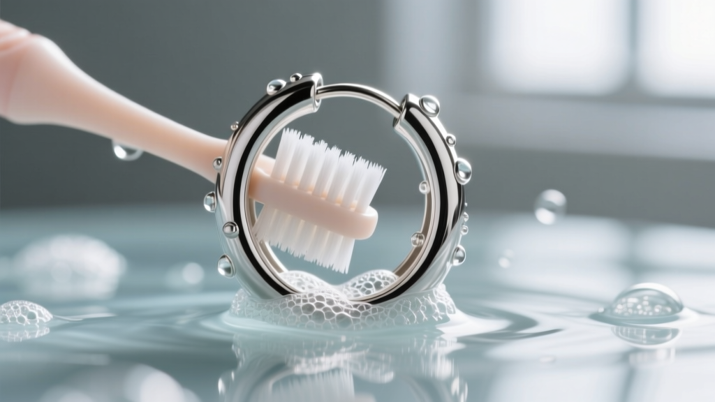Soft baby toothbrush gently scrubbing the inner crevices of a sterling silver oval link earring submerged in a mild soapy solution.