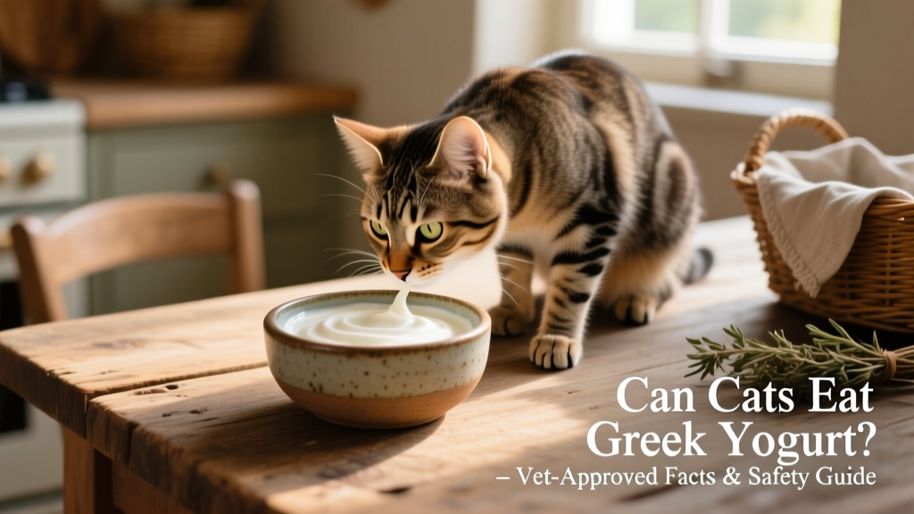 A small ceramic bowl with plain Greek yogurt next to a curious cat sniffing it
