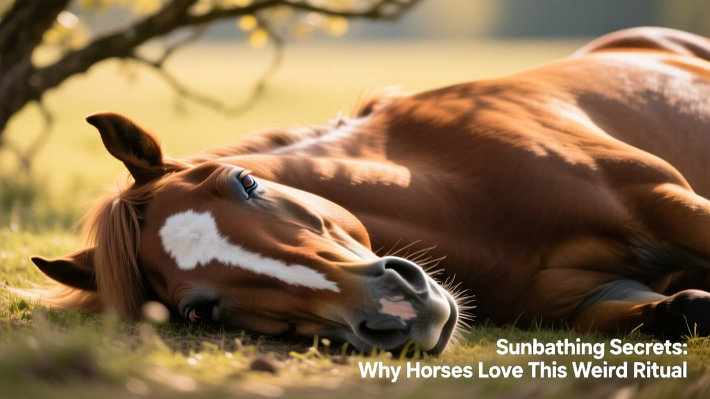 Close-up of a horse’s calm, half-closed eyes and soft expression while lying on its side in dappled sunlight