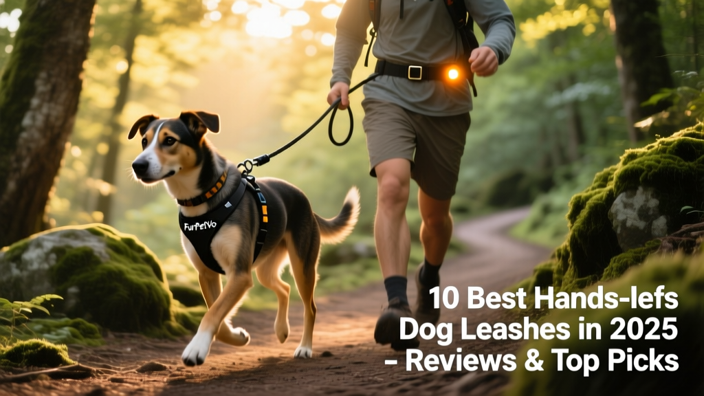 Dog and owner on a forest hiking trail using the FurPetVo TrailTether leash; waist belt visible, bungee extended mid-stride, LED blinker clipped to belt