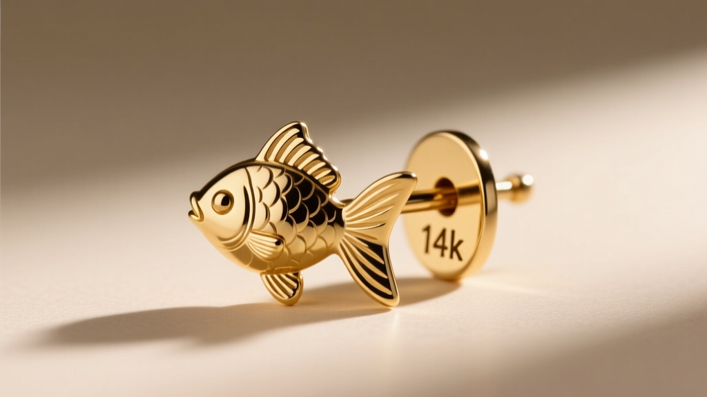Macro view of a goldfish earring post and backing, showing the 20-gauge thickness and a laser-stamped 14k gold hallmark.