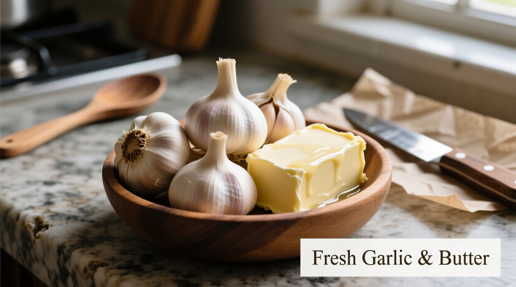 Fresh garlic cloves and butter for garlic bread preparation
