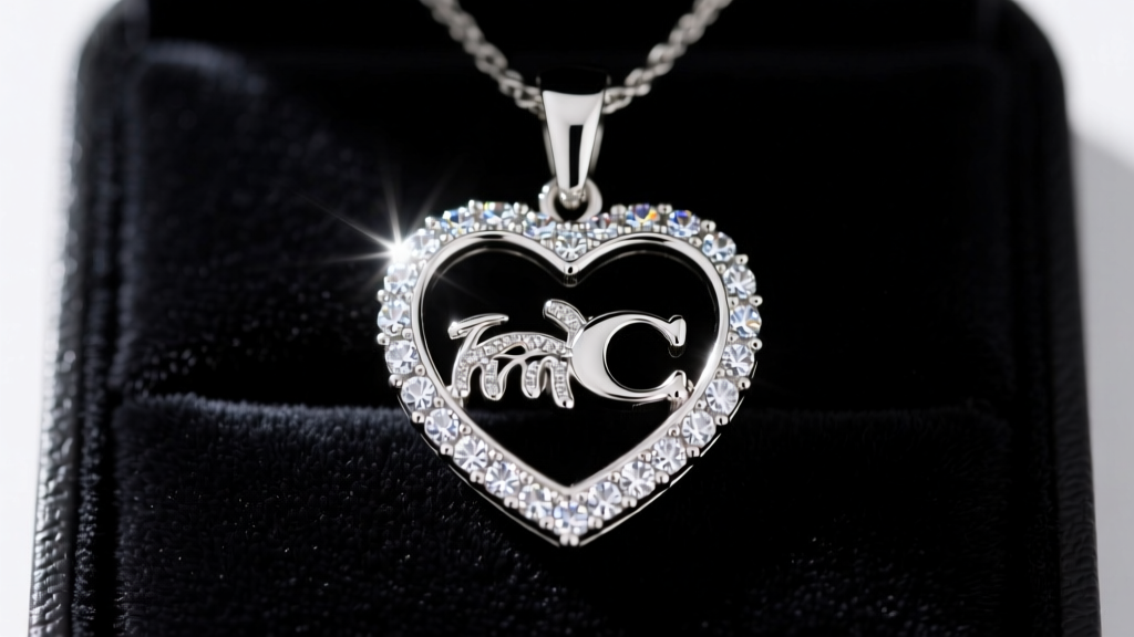 Sterling silver Coach Signature C heart pendant with pavé crystals on dark velvet, highlighting the bright gemstone sparkle.
