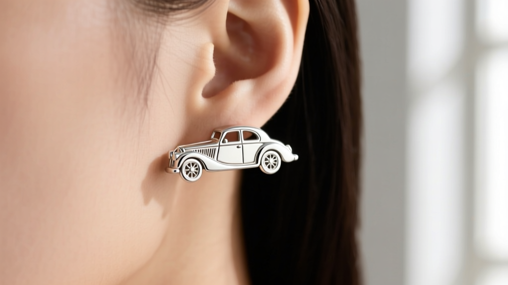 Macro shot of a 925 sterling silver vintage car silhouette stud earring on a model's ear lobe, soft studio lighting, high detail.