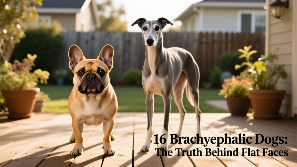 Side-by-side comparison of a brachycephalic dog (like a French Bulldog) and a dolichocephalic dog (like a Greyhound), highlighting skull shape differences