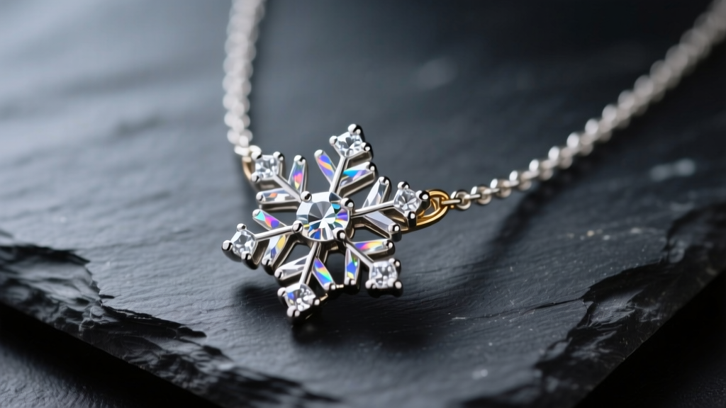 Close-up of an authentic Uno de 50 snowflake necklace resting on dark slate, highlighting silver-plated brass and clear crystals.