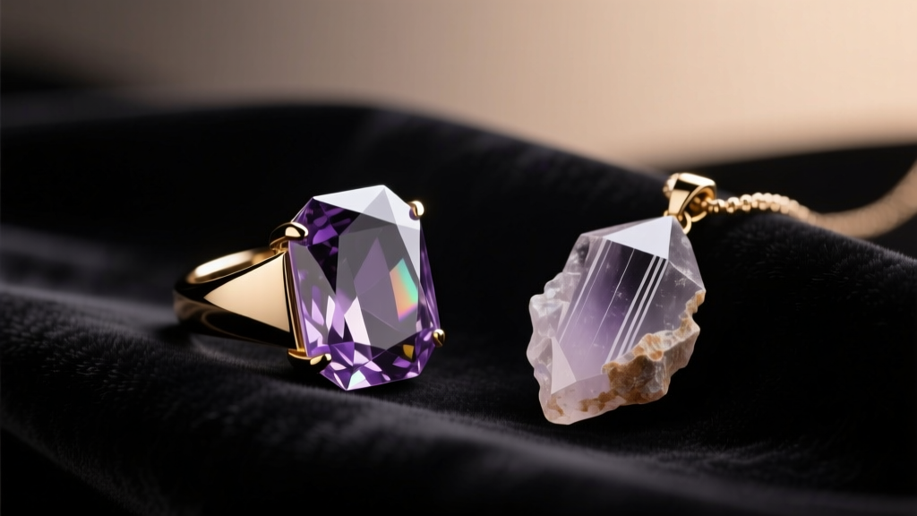 Faceted smoky quartz ring and raw pendant on dark velvet, lit by warm studio lighting, styled for a luxury gift guide layout.