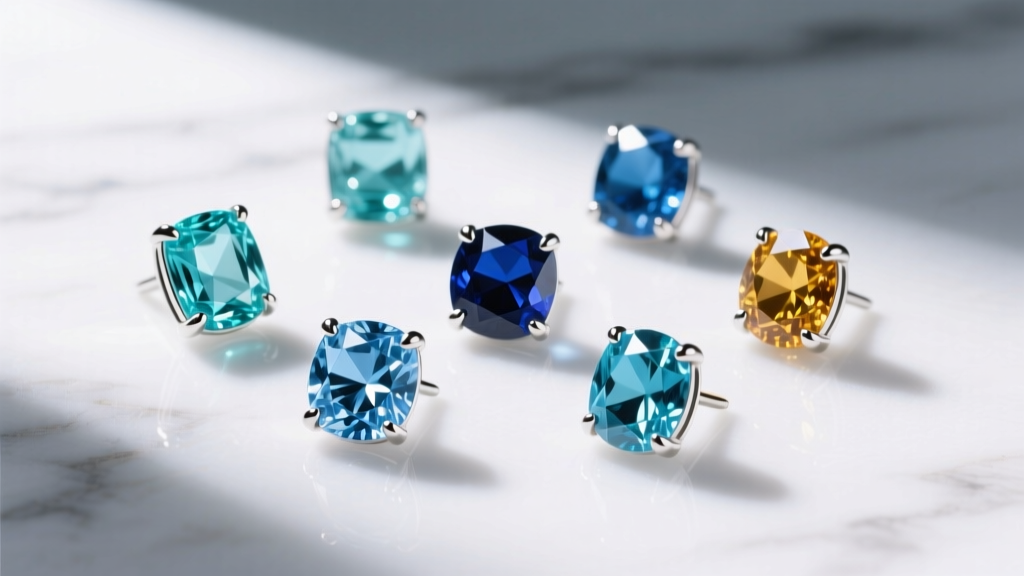 Flat lay of blue gemstone silver studs on white marble, featuring aquamarine, sapphire, and topaz in bezel and prong settings.