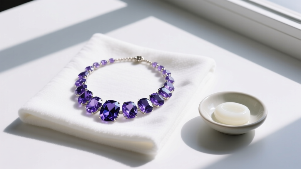 Top-down flat lay of a tanzanite purple crystal necklace beside a microfiber cloth and mild soap, showing proper jewelry care.