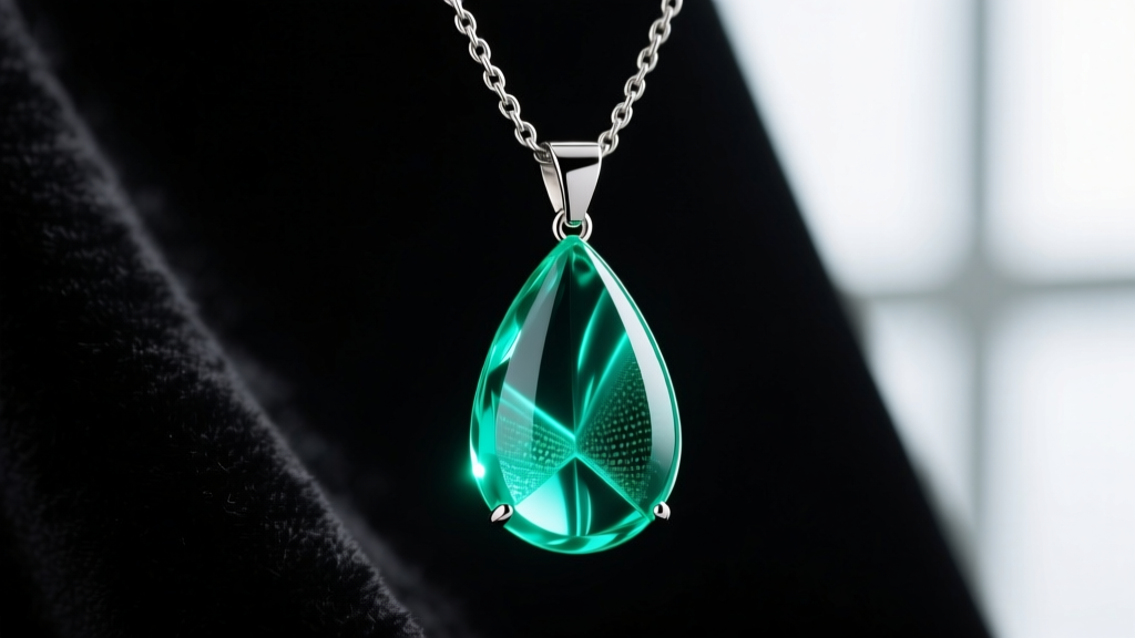 Macro shot of a polished resin teardrop pendant on a titanium chain, emitting vibrant aqua-green luminescence against dark velvet