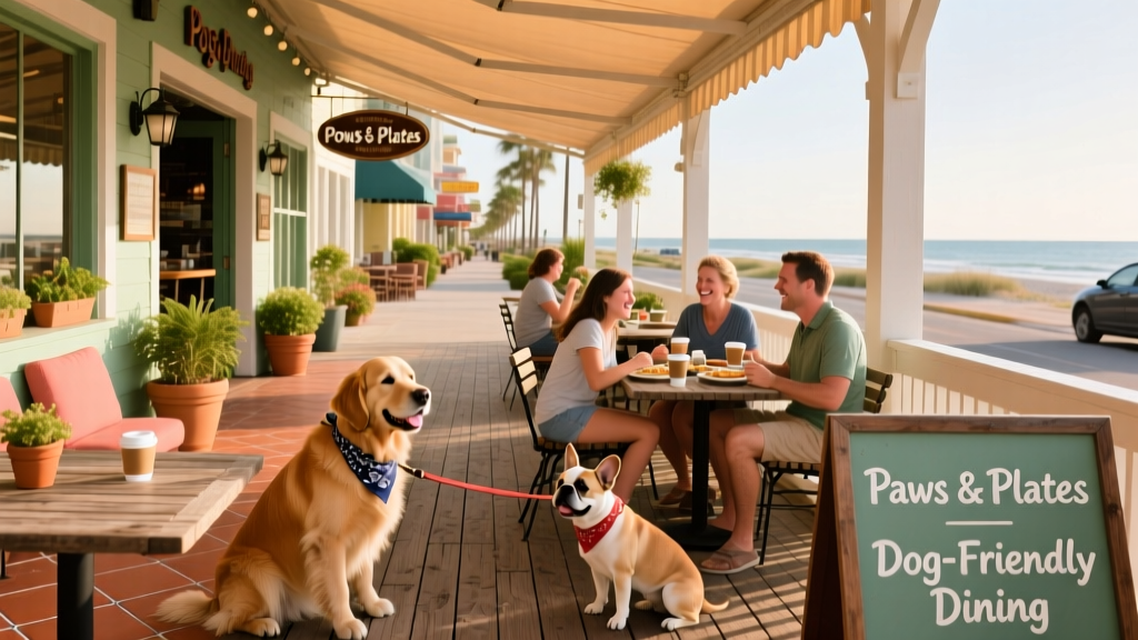Myrtle Beach street lined with dog-friendly restaurants and outdoor patios