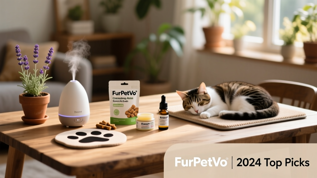 Side-by-side comparison of FurPetVo calming products: diffuser, chews, paste, and calming mat