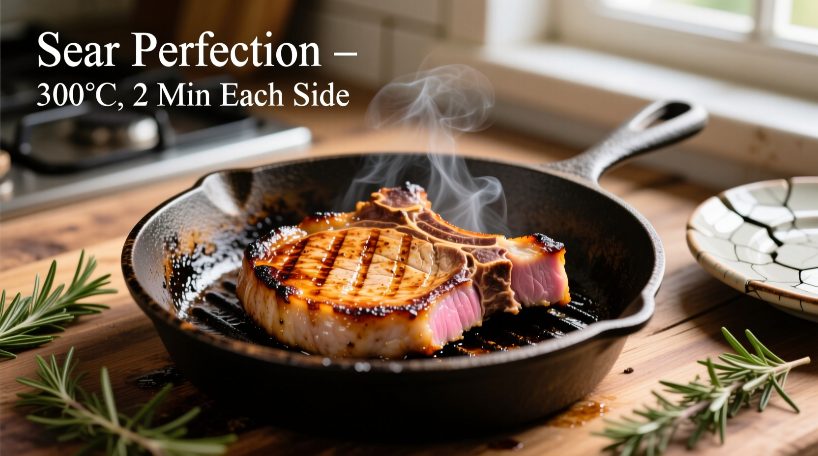 Perfectly seared boneless pork chops on cast iron skillet