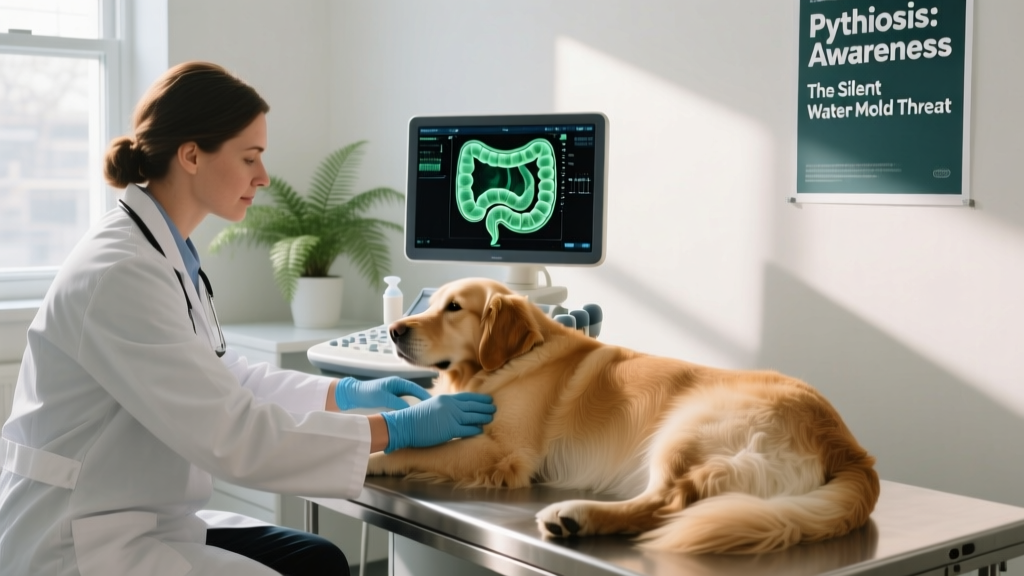 Veterinarian performing abdominal ultrasound on a dog lying on an exam table, with screen showing thickened intestinal walls