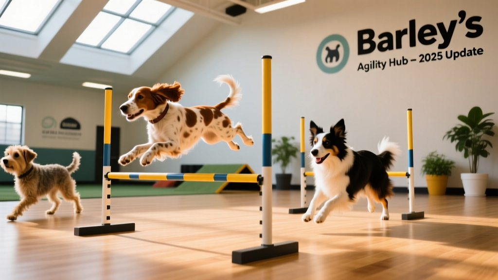 Dogs navigating low-height agility hurdles and weaving poles inside Barley’s bright, clean indoor facility