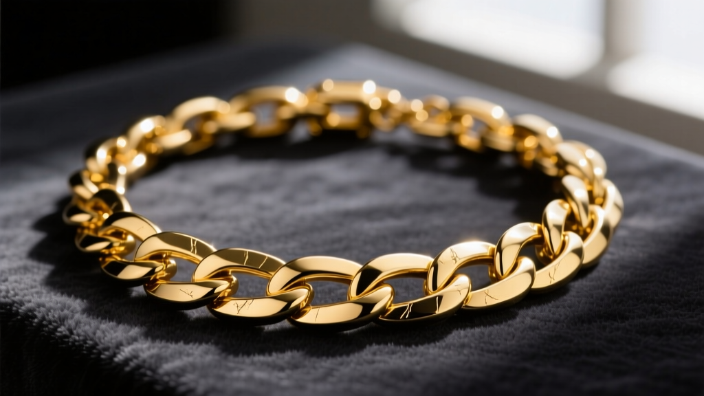 Close-up of a polished 14k yellow gold Cuban link necklace resting on dark charcoal velvet, highlighting interlocking flat links.
