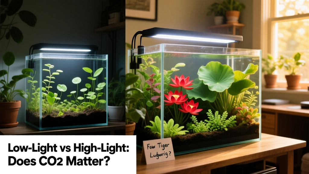 Side-by-side comparison of a low-light tank (left) and high-light tank (right), showing differences in plant density and leaf size