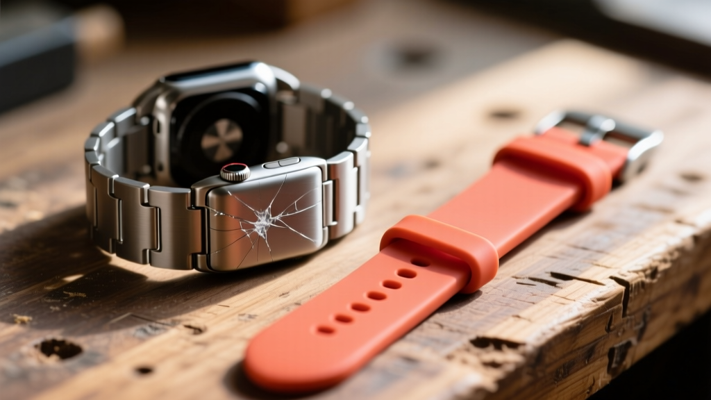 Macro photography of scratched titanium smartwatch link bracelet clasp next to a new fluoroelastomer sport band on a wooden workbench