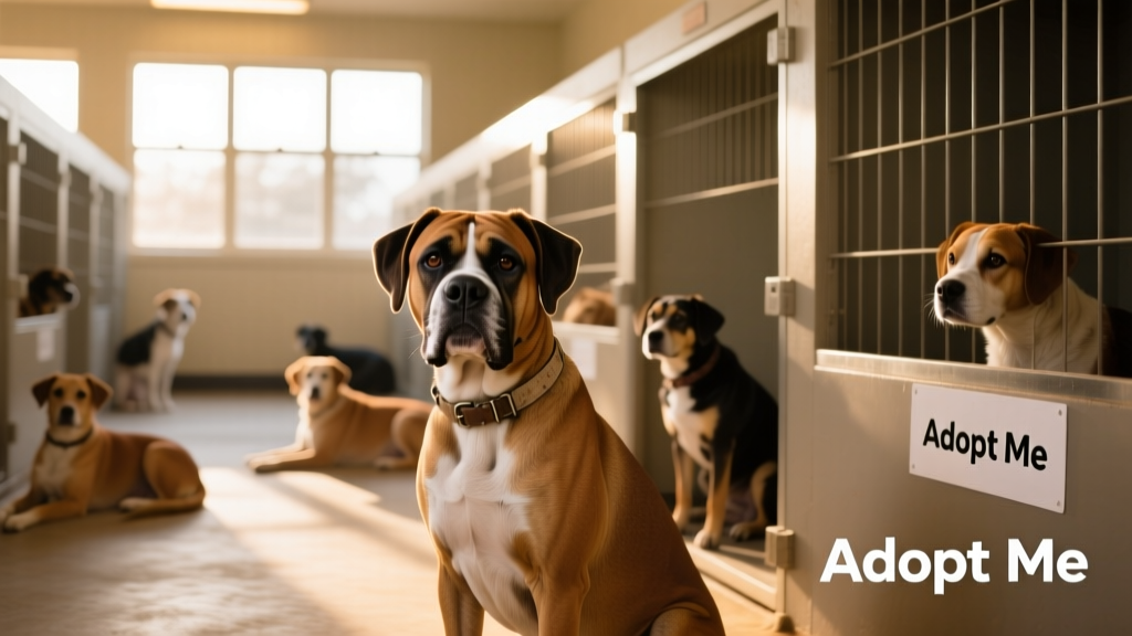 A clean, well-lit shelter kennel area with several dogs, including a friendly-looking Boxer sitting calmly near the front of his enclosure