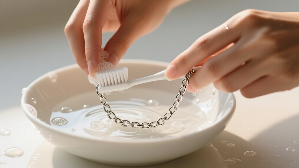 Hands gently scrubbing a delicate silver chain with a soft toothbrush and mild soapy water inside a small white ceramic bowl.