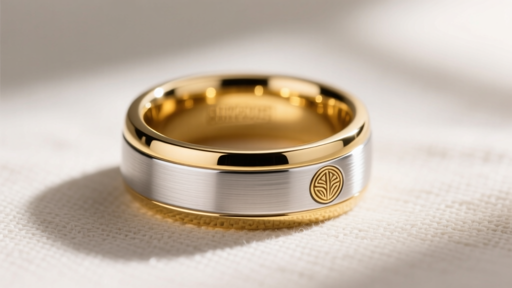 Close-up of a mens two-tone signet ring combining polished 14k yellow gold edges with a brushed sterling silver center on linen