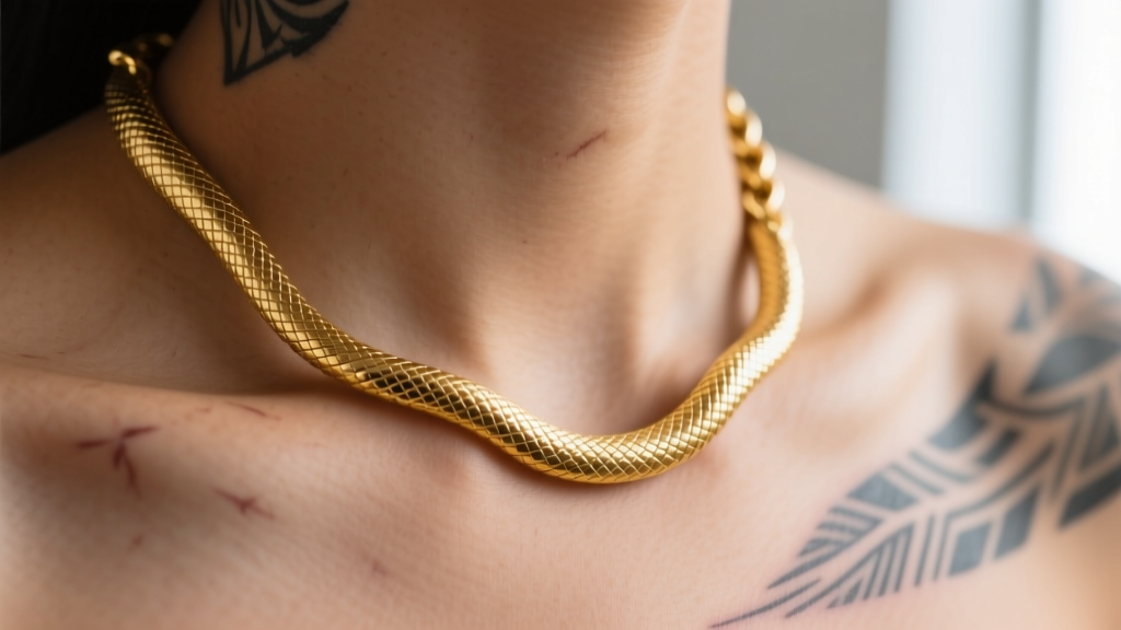 Macro photography of a seamless 14k gold snake chain resting gently on healed tribal ink, showing smooth metal texture on skin.
