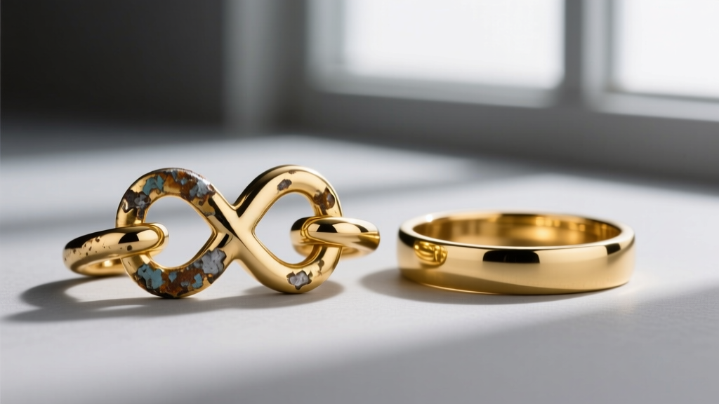 Macro view of tarnished gold vermeil XOXO links beside pristine 14k gold, highlighting long-term wear and base metal exposure.