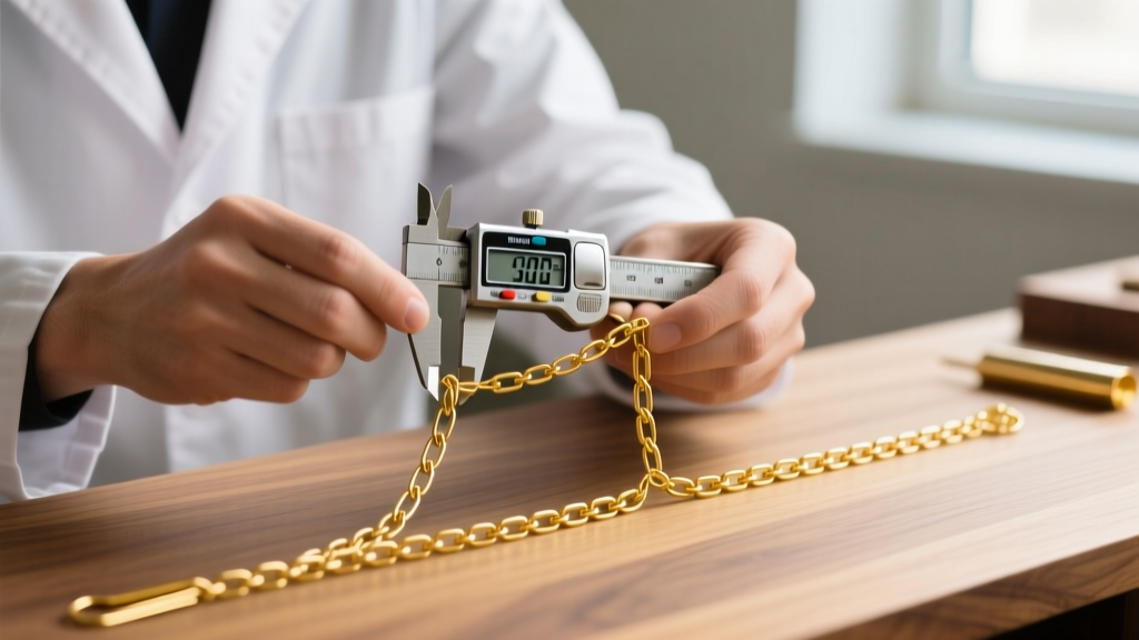 Jeweler using a digital micrometer to measure wire gauge and link width of a gold-filled paper clip chain on a wooden workbench