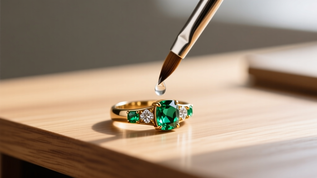 Small brush applying clear jewelry sealant onto a vintage brass cocktail ring with faux emerald stones on a wooden desk
