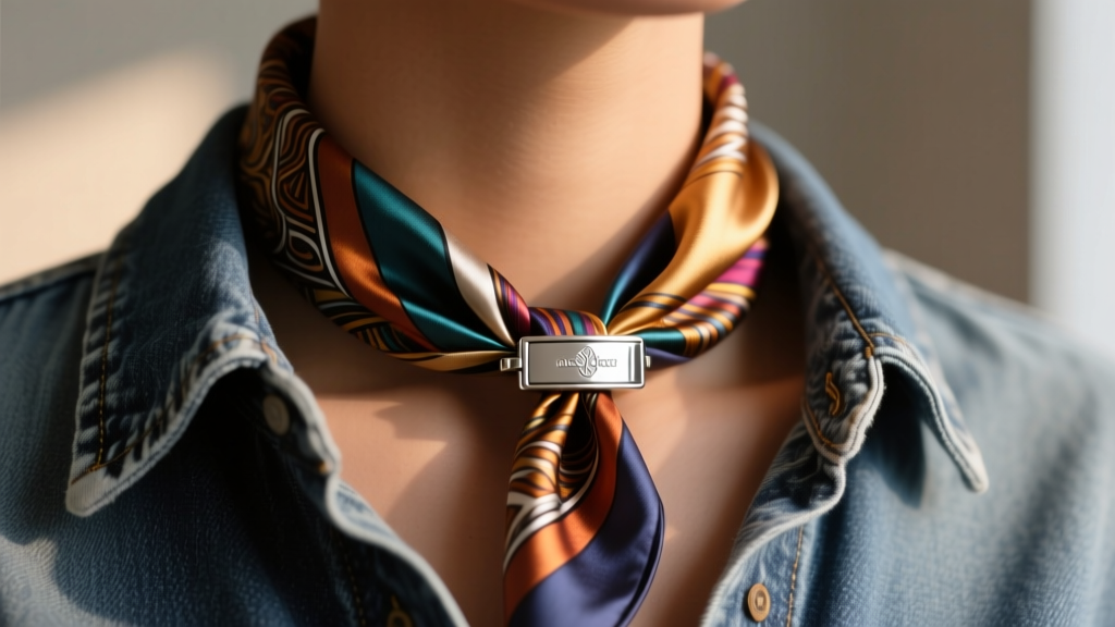 Close-up of a silk bandanna necklace secured with a sterling silver slide clasp, resting on a denim shirt collar in warm light