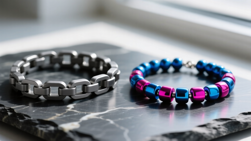 Macro shot of matte grey Grade 5 titanium rolo chain beside a bright anodized aluminum bead necklace resting on a dark slate surface