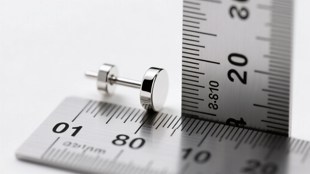 Macro photo of a 20-gauge sterling silver earring post next to a millimeter ruler, showing the precise 0.81mm thickness.