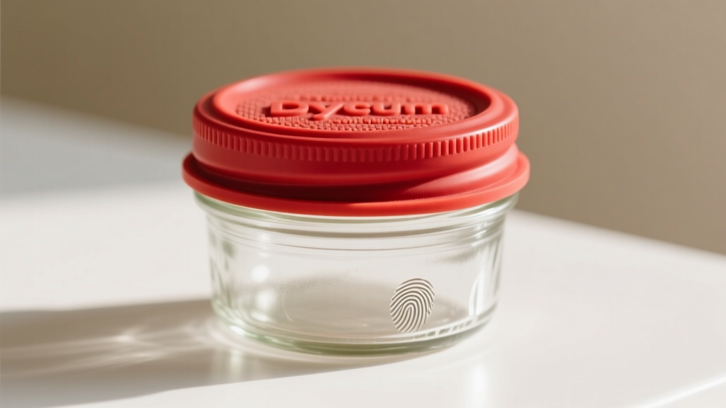 Bright red Dycem non-slip silicone jar opening pad wrapped tightly around a stubborn vacuum-sealed glass Mason jar lid