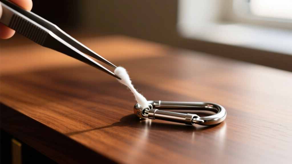 Tweezers hold a cotton swab with PTFE lubricant, applying it to the hinge of a 14-gauge steel carabiner earring on a dark wood desk.