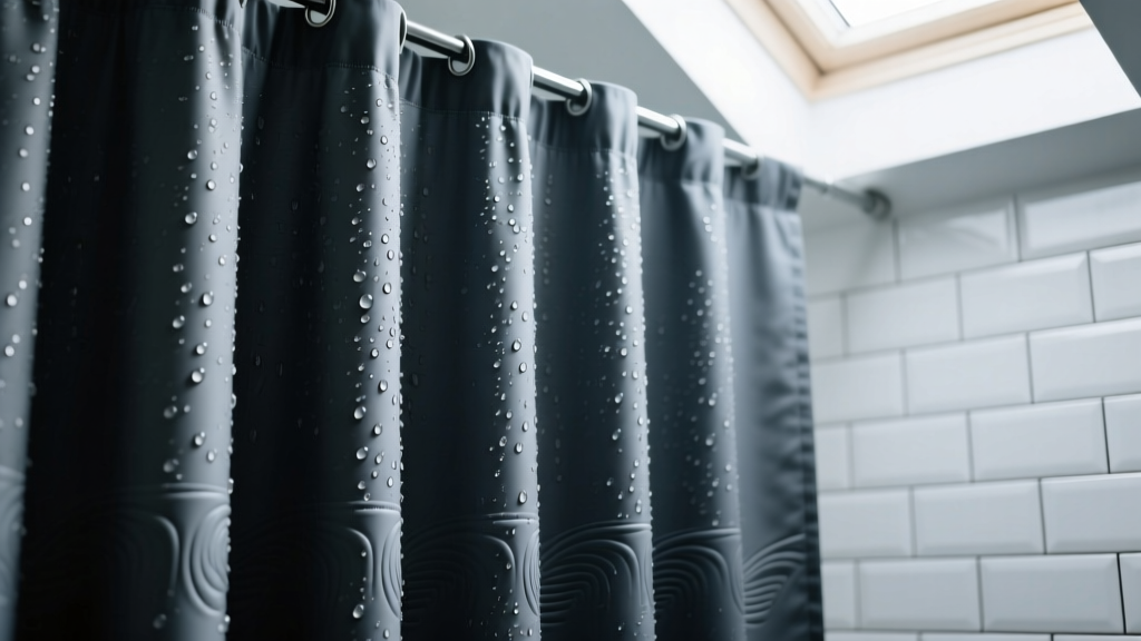 Close-up of a textured TPU-backed polyester shower curtain in slate gray repelling water droplets in a modern tiled bathroom
