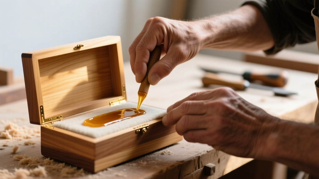 Close-up of woodworker applying acid-free felt to the interior base of a maple jewelry box using a thin layer of warm hide glue