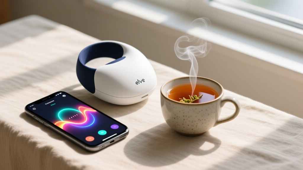 A minimalist flat-lay showing the Elvie Trainer Pro device next to a smartphone displaying a colorful biofeedback game interface and a cup of herbal tea.