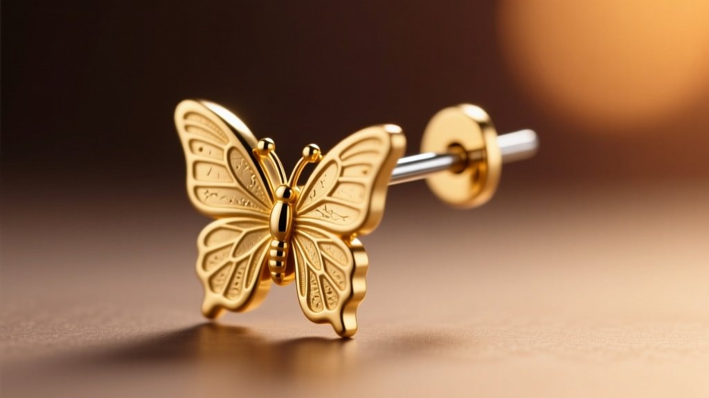 Macro shot of a gold-plated brass earring post showing the butterfly backing and surgical steel pin against a blurred background
