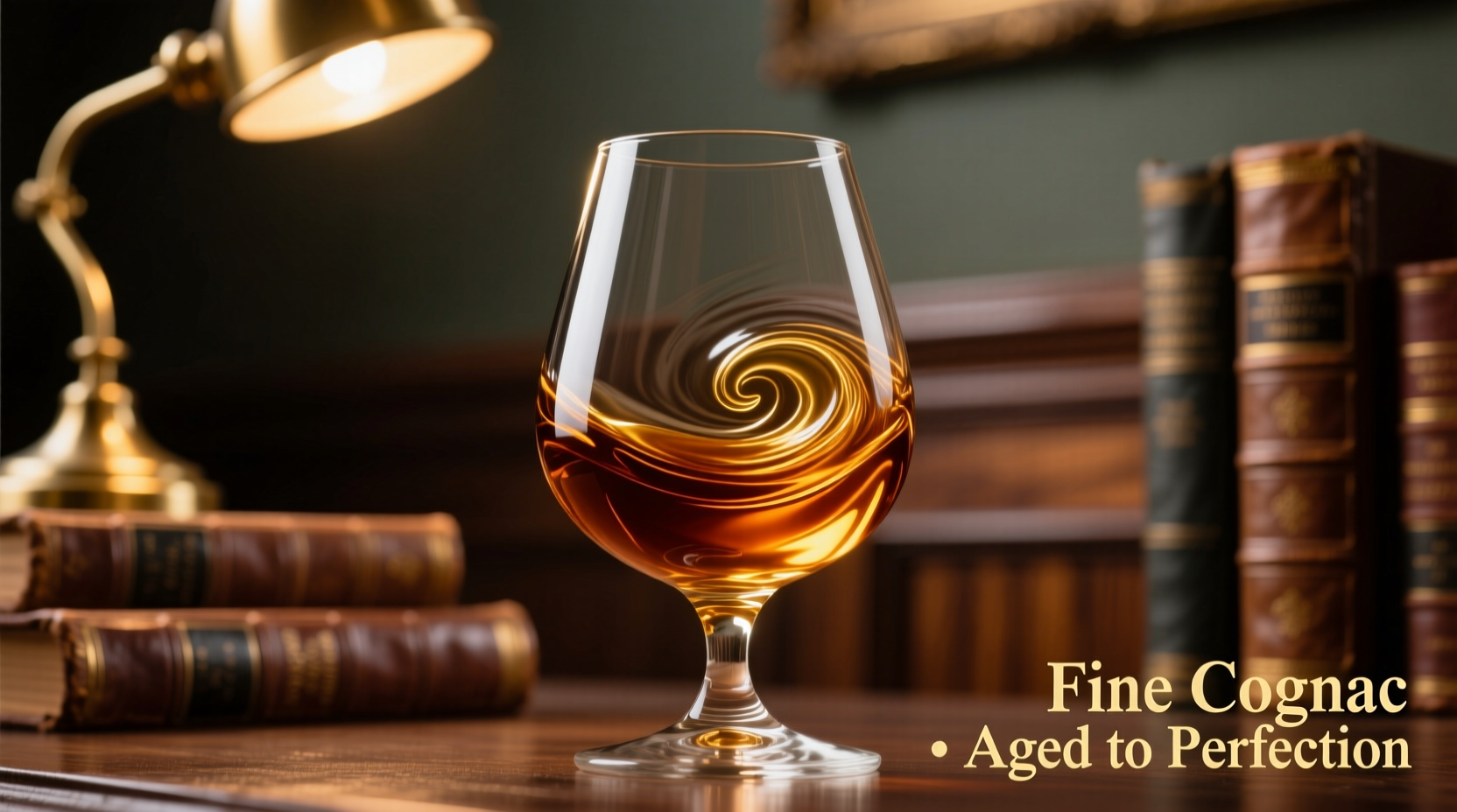 Cognac swirling in a tulip glass showing amber color