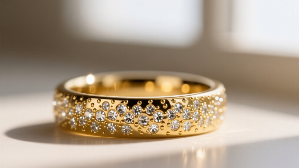 Macro close-up of a 14k gold band with a diamond dust finish, revealing the stippled metal texture that mimics crushed gemstones.