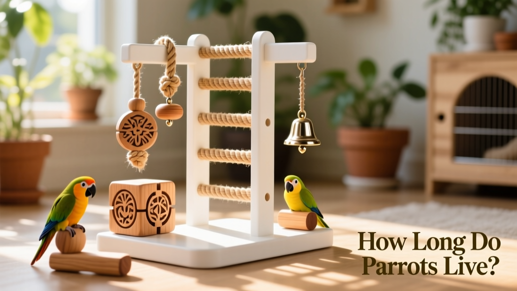 A colorful assortment of parrot-safe toys—including wooden puzzles, rope ladders, and hanging bells—arranged on a clean play stand