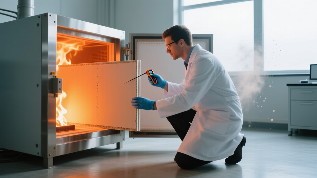 Lab technician testing the fire resistance of a specialized gypsum wallboard sample inside a controlled high-heat furnace chamber
