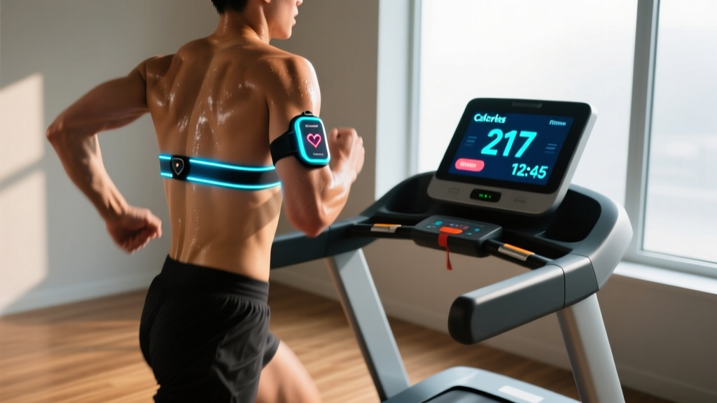 Diagram showing a runner wearing a chest-strap heart rate monitor paired with a treadmill console displaying real-time calorie data