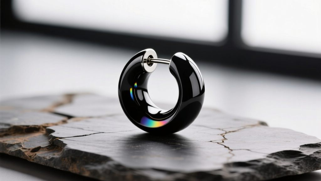 Macro photography of a 0g borosilicate glass single-flare tunnel earring with a polished black finish, resting on raw slate