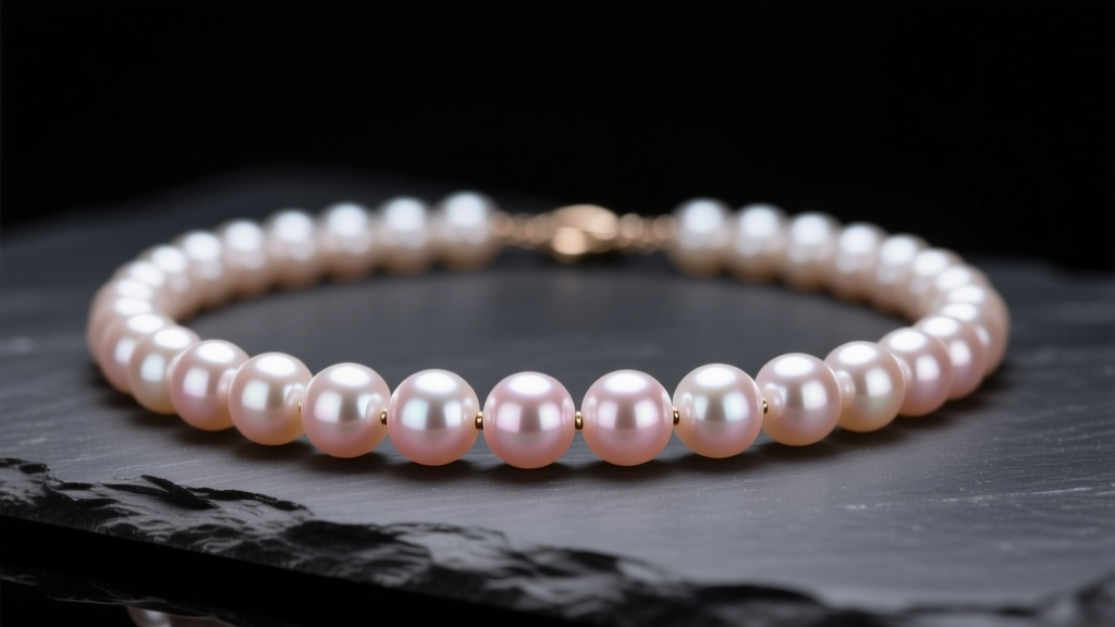 Close-up of a 10mm Belle de Mer Edison pearl necklace on dark slate, highlighting mirror-like luster and subtle rose overtones.